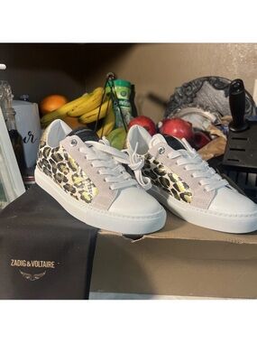 New Zadig & Voltaire White Sneakers with Gold Leopard Panels 7.5 /8 euro 38
